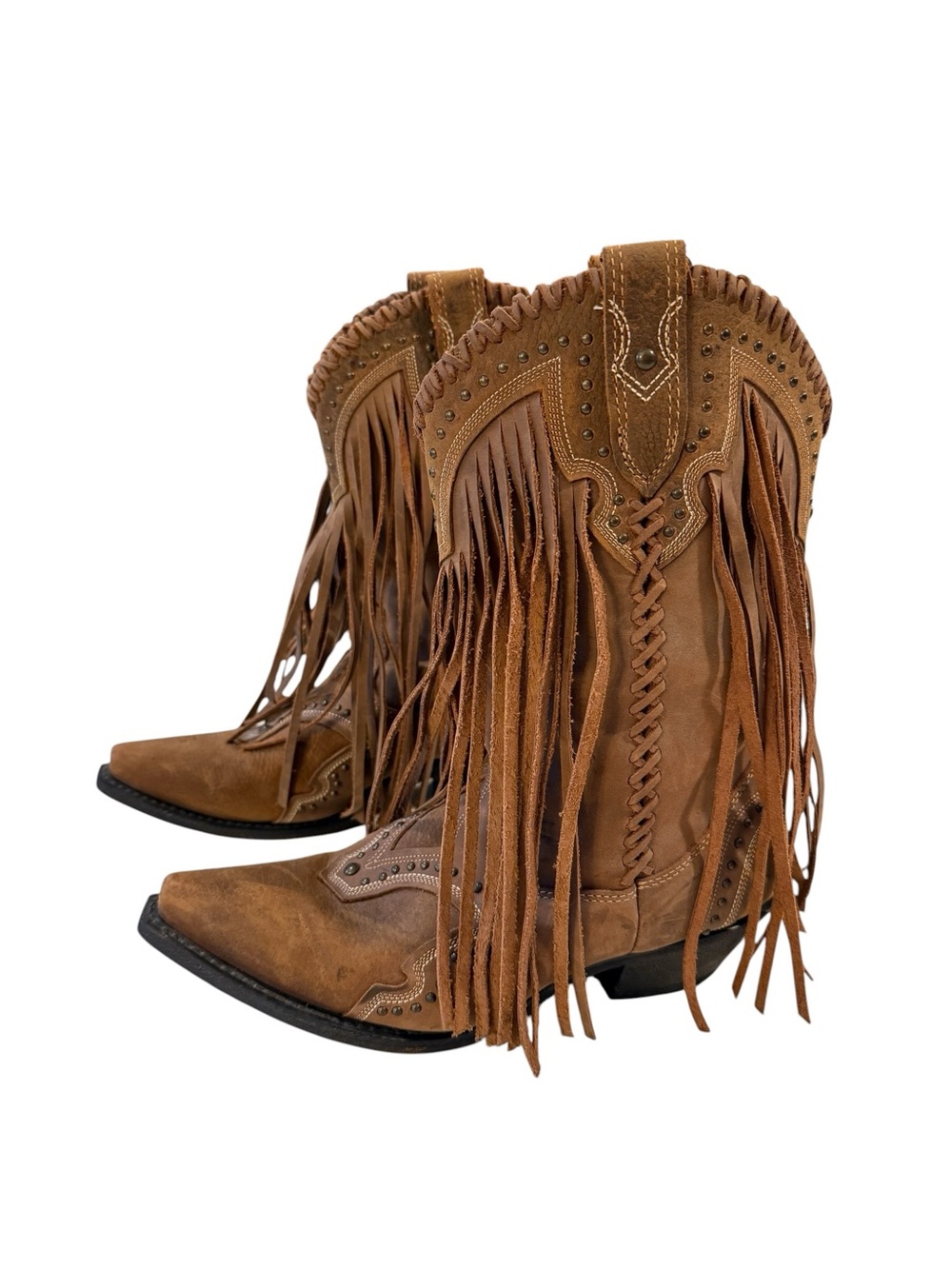 Rockin Country RC4900 Leather Fringe Studded Cowboy Boots Brown 9.5W
